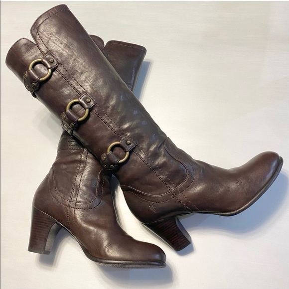 Beautiful Frye chocolate brown boots with gold buckles. - Picture 2 of 7
